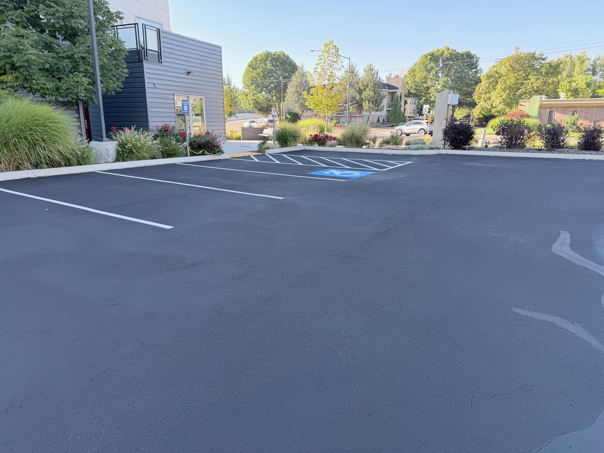 Commercial parking lot with fresh striping and curbing
